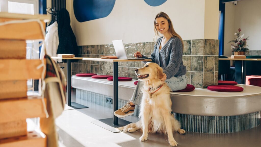 dog in cafe with woman