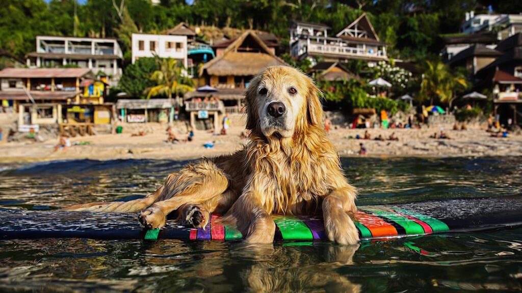 Dog on surfing board